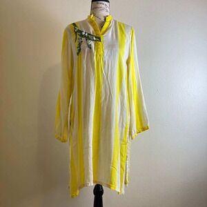 Sana Safinaz Yellow White Striped Embroidered Tunic Kurta Medium Womens Long Slv